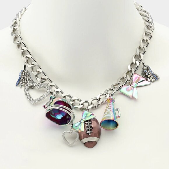 NWT$148 BETSEY JOHNSON Football Charms Necklace Glass Crystal Silver Tone Girly - Picture 2 of 4